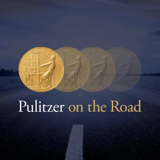 Book cover titled 'Pulitzer on the Road' with a dark road background and an image of a gold medal featuring a dancing figure.
