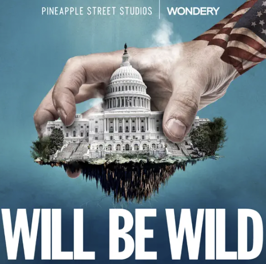A hand holding a small floating island with the U.S. Capitol building, with the text 'WILL BE WILD' at the bottom, and a background with a blue sky.