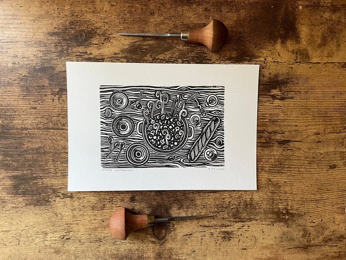 Winter Gatherings - Linocut Print
