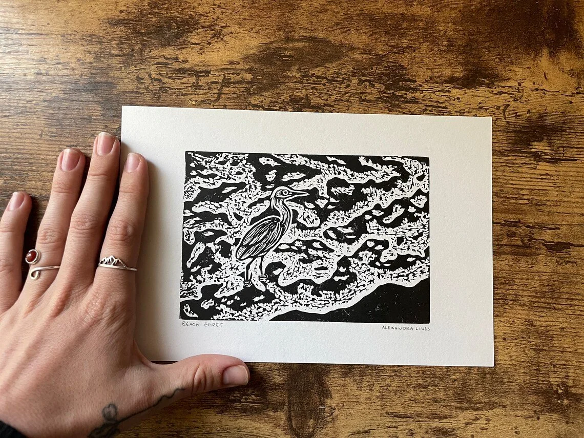 Beach Egret - Linocut Print
