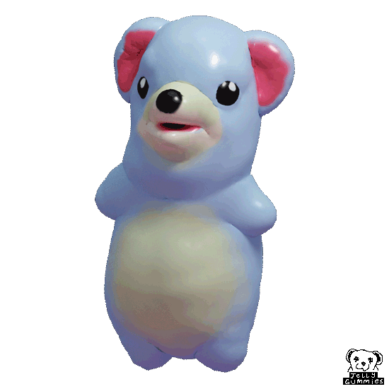 gelatinous, undulating gummy bear with blue and pink accents