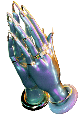 chrome praying hands adorned with rings and bracelets