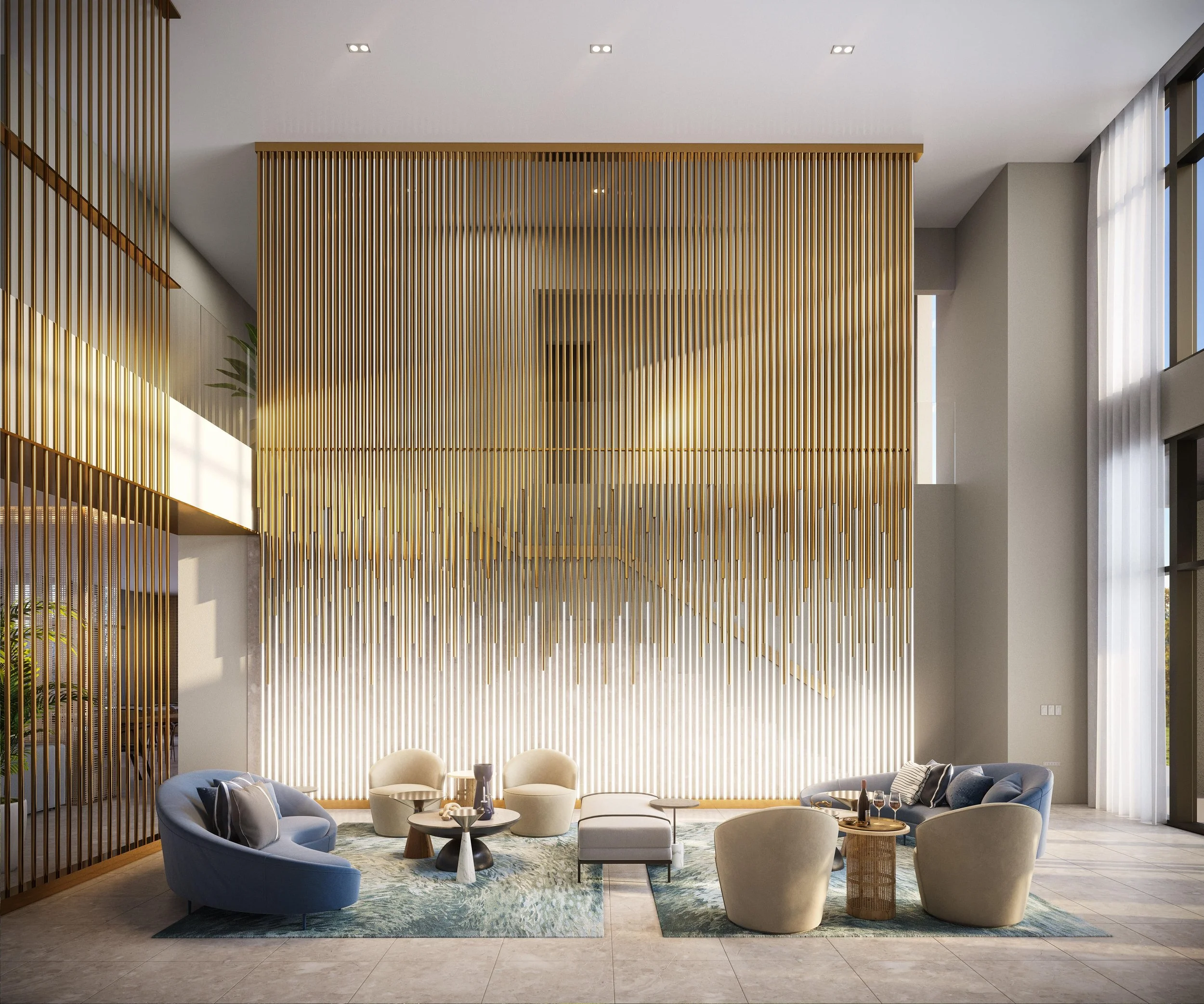 3D rendering of a modern lobby with high ceiling, wooden slat wall, and large windows. Sitting area with blue and beige chairs, ottomans, and a glass coffee table.