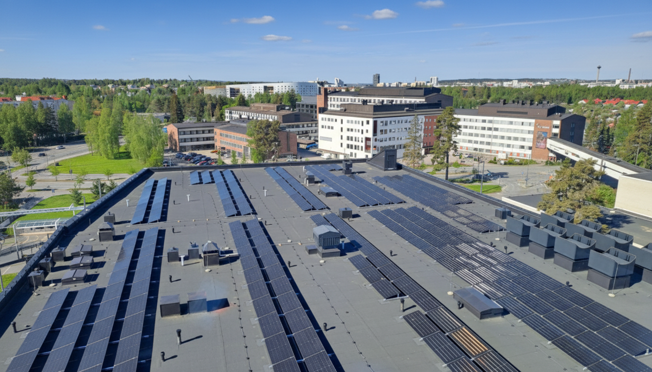 Rakennuksen katolla on aurinkopaneeleja ja ilmanvaihtolaitteita, taustalla kaupunkimaisemaa ja vihreitä puita.