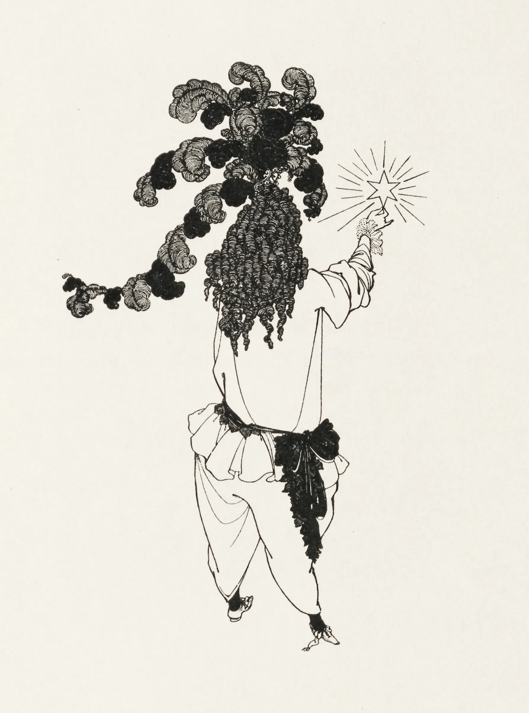 A black and white illustration of the back of a dandy person holding a 6-pointed star in their right hand