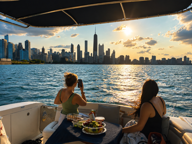 Two women on a boat enjoying a meal with a city skyline in the background during sunset.