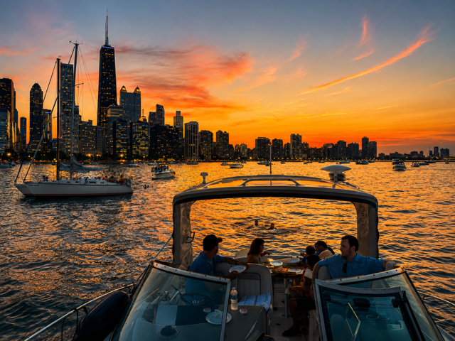 People dining on a boat during sunset with a city skyline and waterfront in the background.