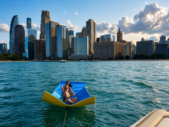 Two women in a yellow and blue pedal boat on the water with a city skyline in the background.