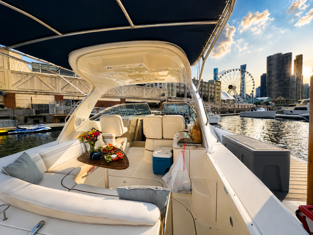 View of a luxury yacht docked at a marina with city buildings and a ferris wheel in the background during sunset, featuring seating, flowers, and boating equipment.