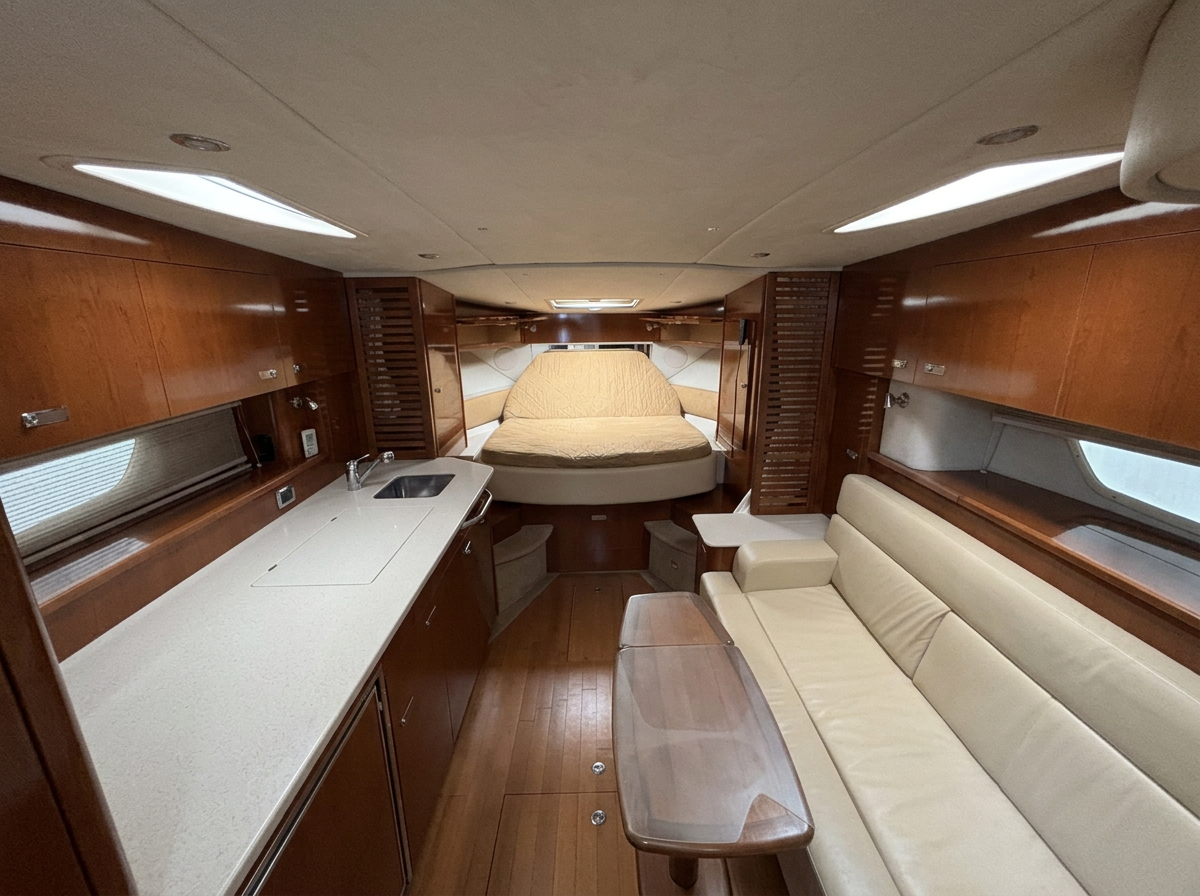 Interior of a yacht or boat with wooden walls and flooring, a small kitchen area with a sink and countertop on the left, a cream-colored sofa with a small table on the right, and a bed at the far end of the space.