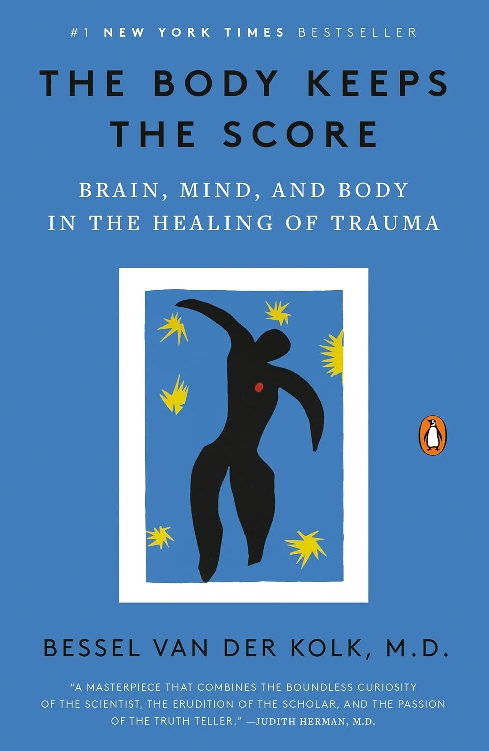 Cover of a book titled "The Body Keeps the Score" by Bessel Van Der Kolk, M.D., with a blue background, an abstract illustration of a black human figure, yellow star-shaped symbols, and the Penguin logo.