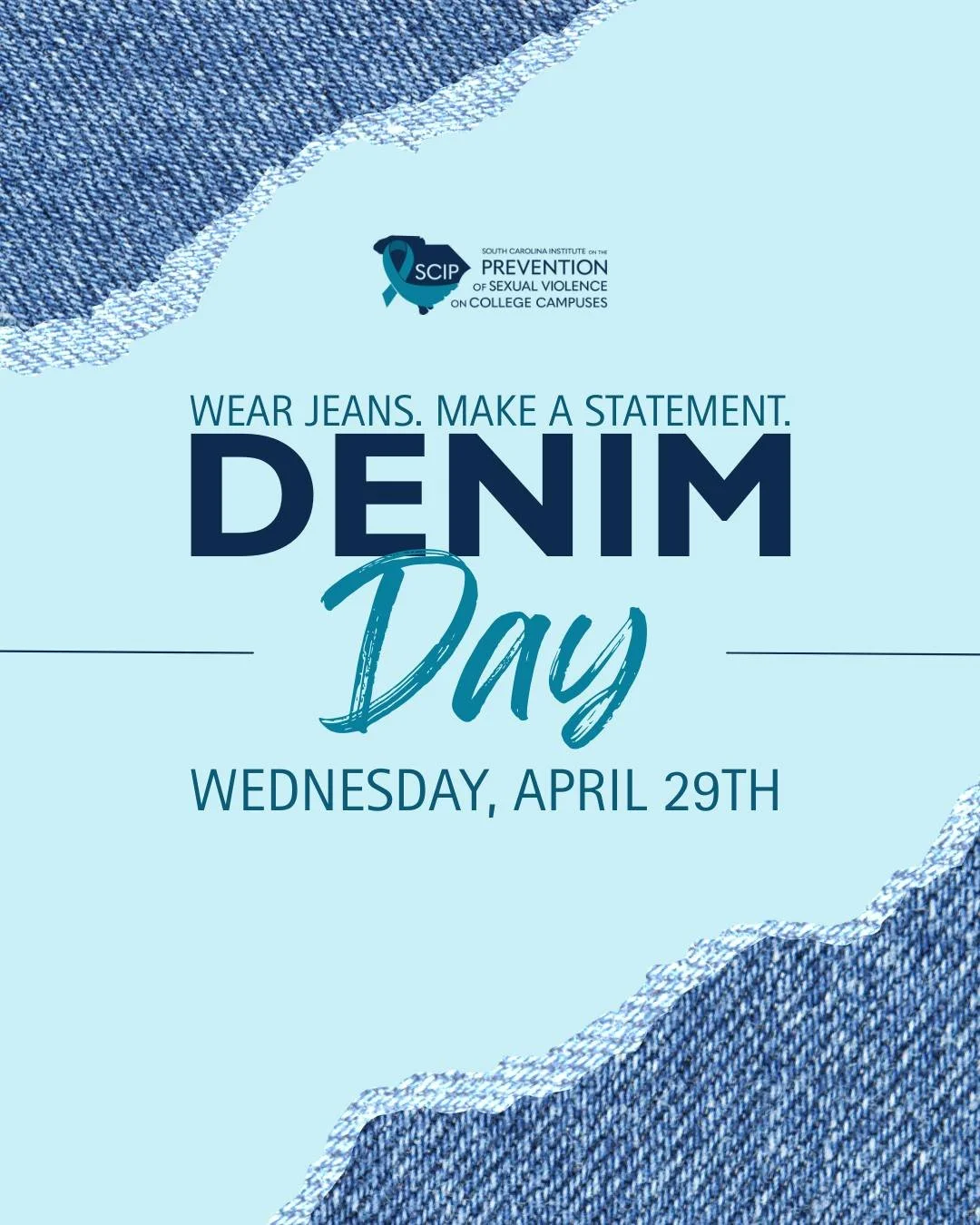 Wear denim tomorrow. Make a statement. 👖

Observed each year during Sexual Assault Awareness Month, #DenimDay began as a response to victim-blaming&mdash;and continues as a global movement to support survivors and raise awareness about sexual violen