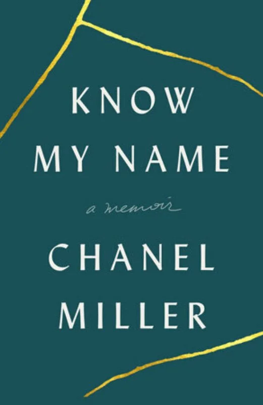 Book cover titled 'Know My Name: a memoir' by Chanel Miller with a dark teal background and yellow abstract lines.