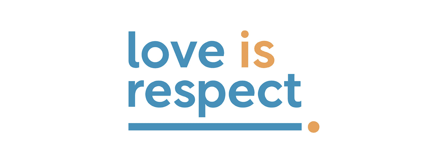 Text graphic stating "love is respect" with underline and dots in orange and blue colors.