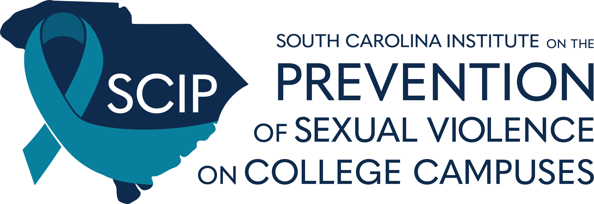 Logo for the South Carolina Institute on the Prevention of Sexual Violence on College Campuses featuring a blue ribbon intertwined with a map of South Carolina and the text.