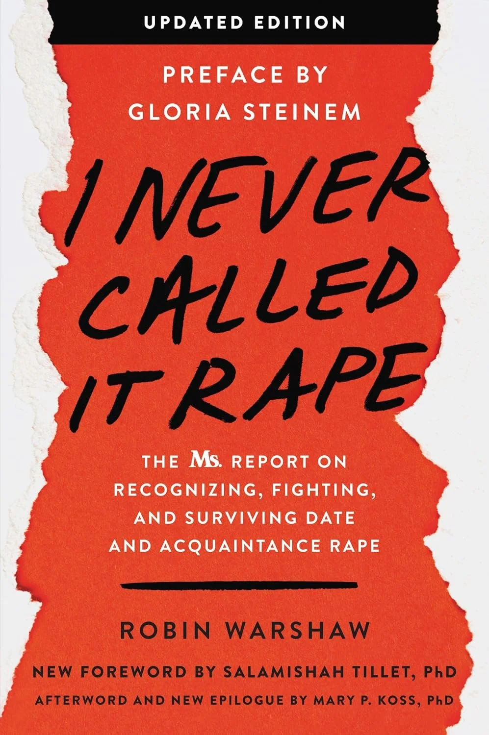 Book cover titled "I Never Called It Rape" by Robin Warshaw, with a red torn paper design background, and additional text about the book's contents and forewords.