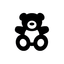 Black teddy bear with a white background within a black circular frame.