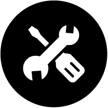A white wrench and screwdriver crossed on a black background.