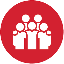 Icon of a group of six white human figures on a red circular background