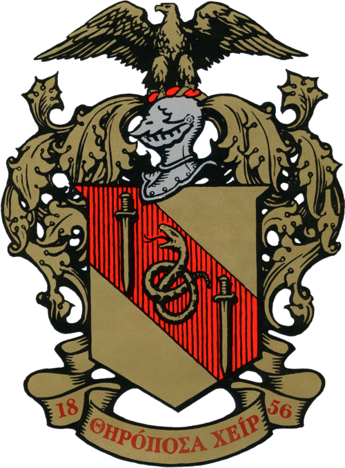 A heraldic coat of arms featuring a shield divided diagonally with a snake and a sword on the red section. The shield is topped with a knight's helmet and a crest of an eagle with outstretched wings. Decorative mantling surrounds the shield. A banner beneath displays the year 1856 and Greek text.