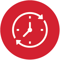 Clock icon with arrows indicating time passing, on a red background.