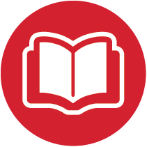 Icon of an open book inside a white outline, set against a red circular background.