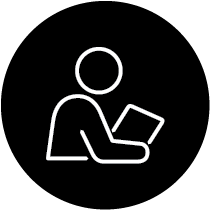 A simple line drawing of a person reading a book with a black background.