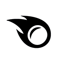 Black flaming sphere logo on a white background inside a black circle