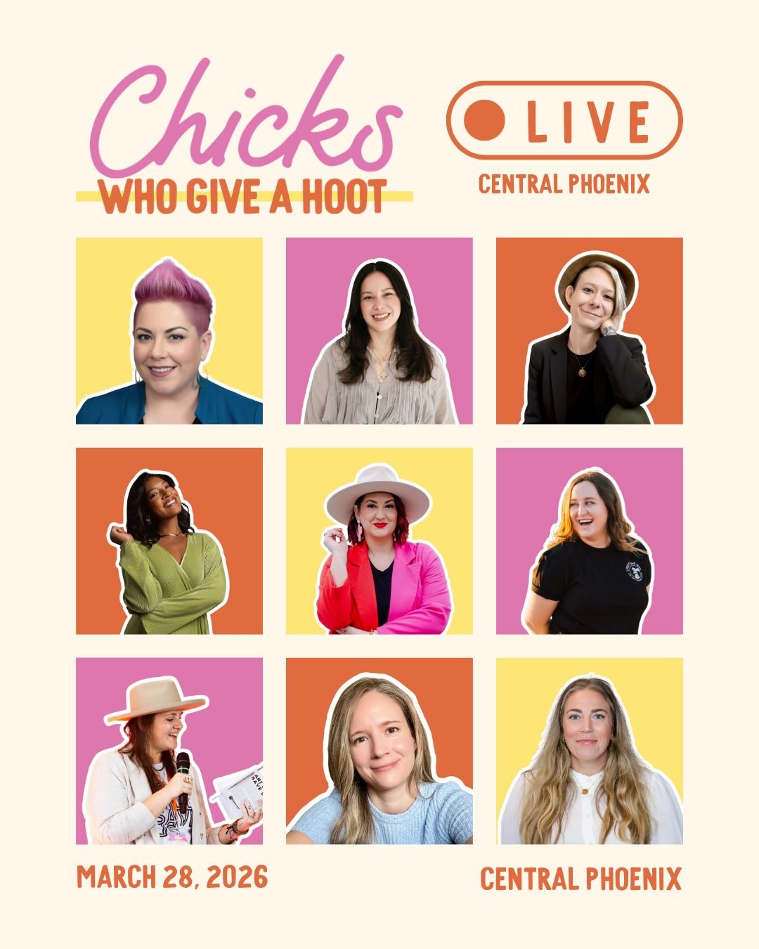 March 28th
Phoenix, AZ 
Chicks Who Give a Hoot LIVE 2026! 

Every March, we gather a powerhouse community of women who are done playing small with their work, their voice, and their impact.

This is not a typical conference event.

It is an immersive