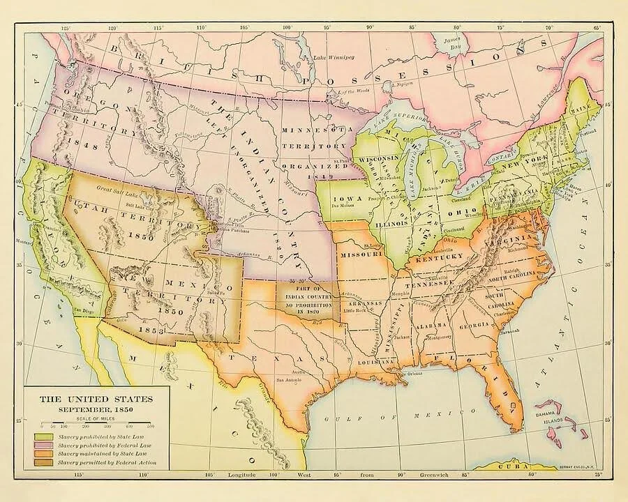 Map of the United States in September 1850, showing state boundaries, territories, and regions with different colors indicating slavery restrictions or allowances in various areas.