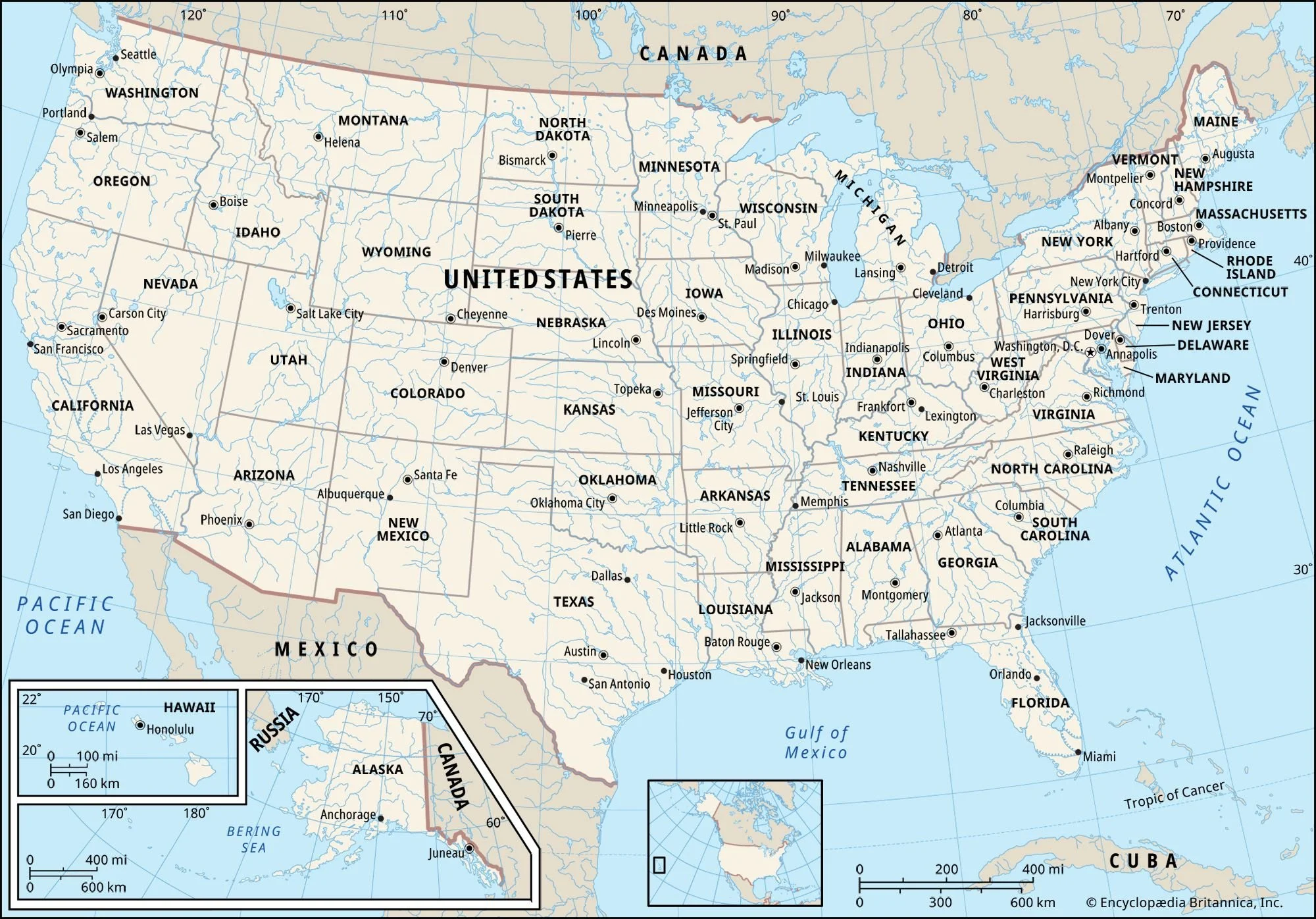 A map of the United States showing state boundaries, major cities, and neighboring countries and bodies of water, including Canada, Mexico, Cuba, and the Atlantic and Pacific Oceans.