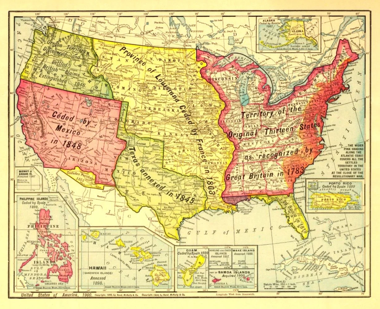 A historical map of the United States in 1900 showing territorial boundaries, states, and overseas possessions such as the Philippines, Guam, and Hawaii, with color-coded regions and descriptive labels.
