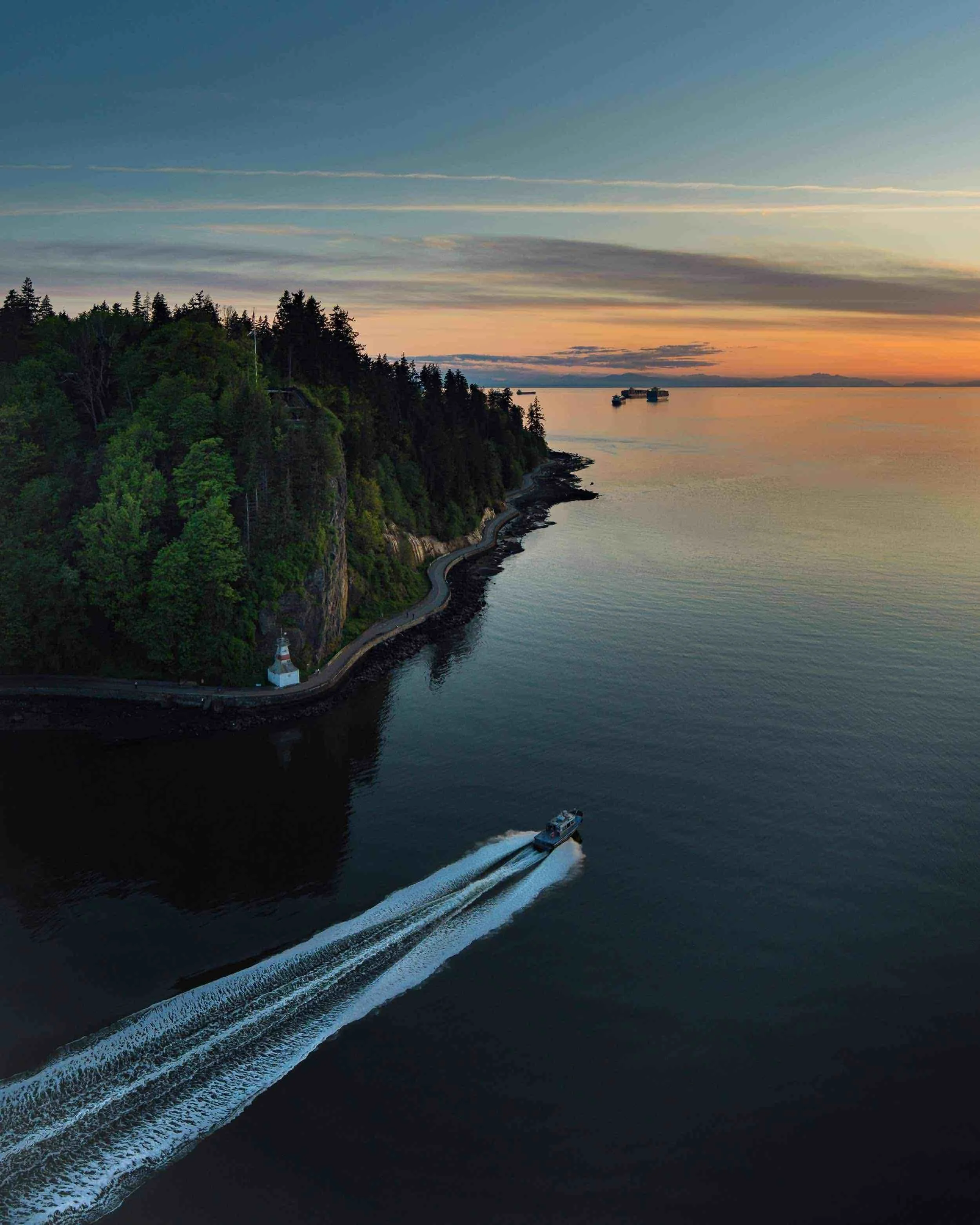 Sunset over the ocean and forest on Vancouver Island, British Columbia.
