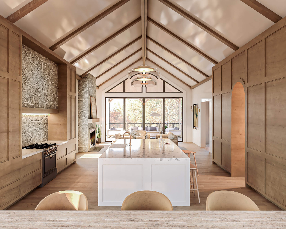 Open-concept kitchen and living room with vaulted ceiling, large window, and neutral-toned decor.