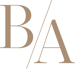 Stylized letters B and A separated by a diagonal slash on a black background.