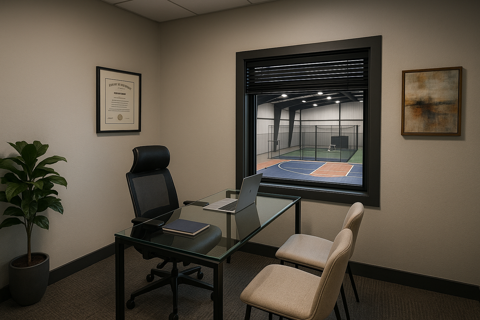 An office with a glass desk, a black office chair, two beige chairs, a potted plant, framed diploma, and an outside tennis or basketball court viewed through a window.
