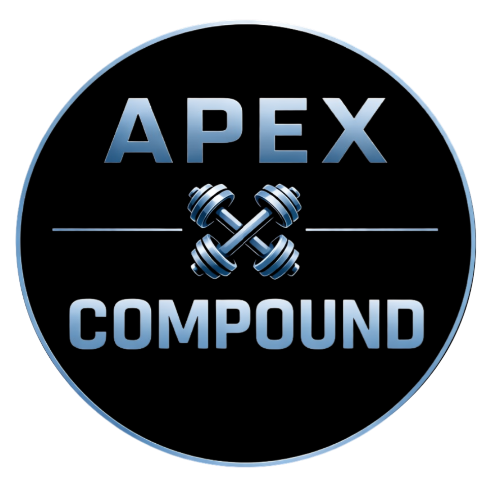 Logo with the words "APEX COMPOUND" and an image of crossed dumbbells in the center against a black circular background.