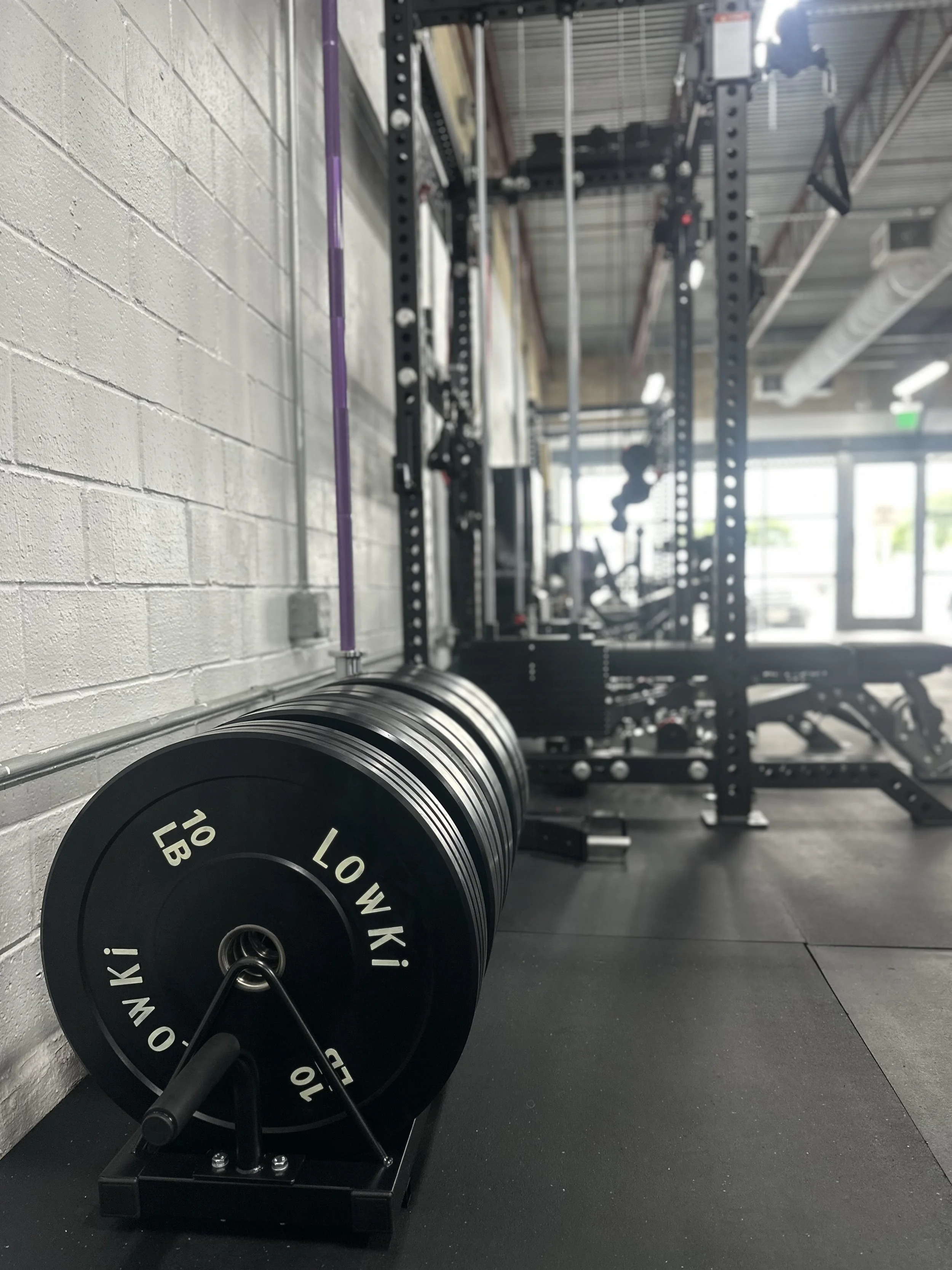 Black weight plate labeled 10 kg resting on a black rack, with gym equipment and a person exercising in the background inside a gym.