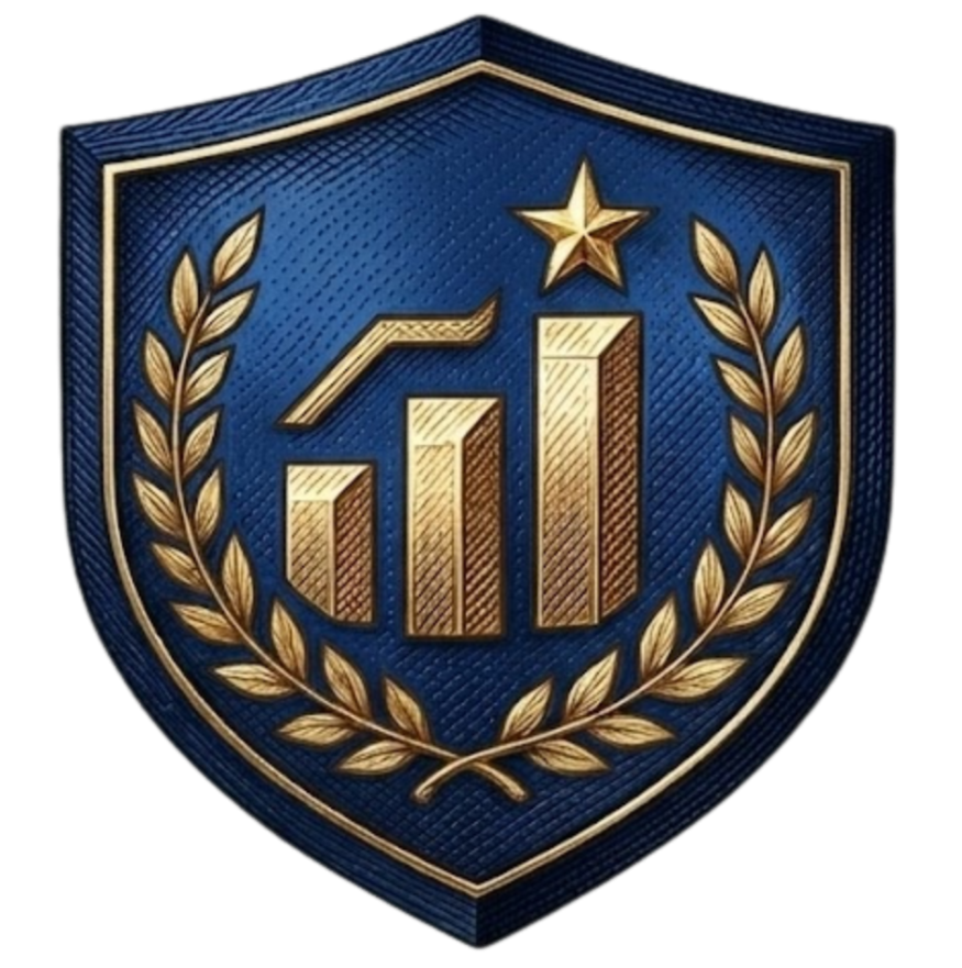 A shield emblem with a blue background, gold laurel wreath, a gold star at the top, and a gold bar graph with increasing bars and a line graph above it.
