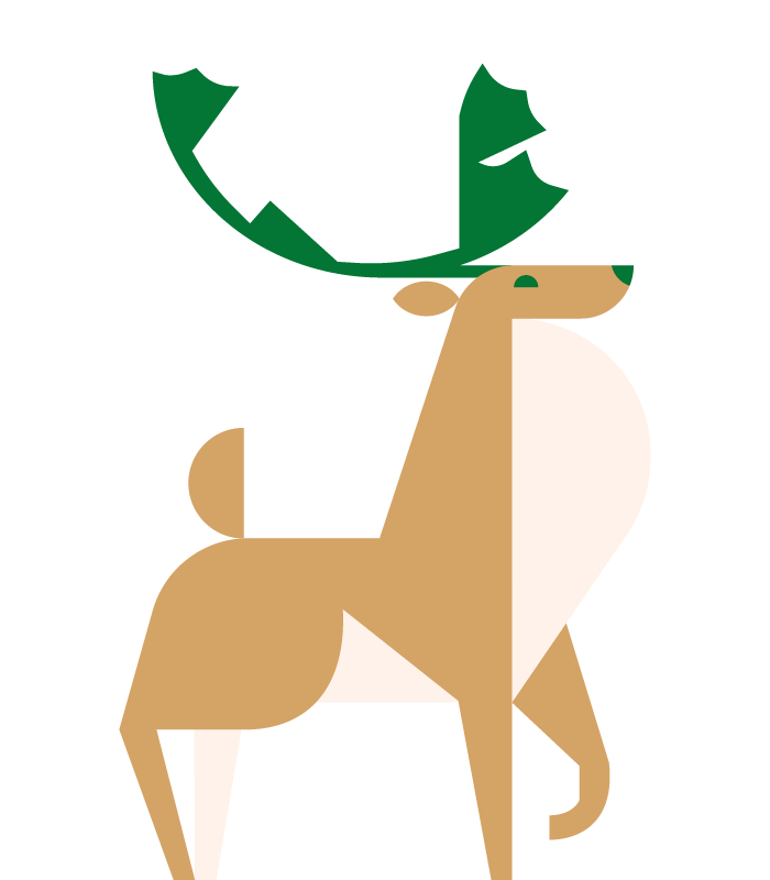 Simplified digital illustration of a reindeer with green antlers, tan body, white chest, and small tail, set against a black background.