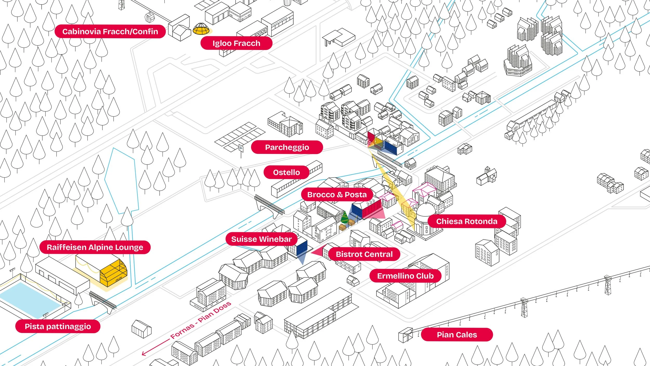 A detailed map of a ski resort area with various labeled facilities such as lifts, restaurants, and buildings. Notable labels include Cabinovia Fracch/Confin, Igloo Fracch, Parcheggio, Ostello, Brocco & Posta, Chiesa Rotonda, Suisse Winebar, Bistrot Central, Ermellino Club, and Pista pattinaggio. The map features ski slopes and surrounding wooded areas.