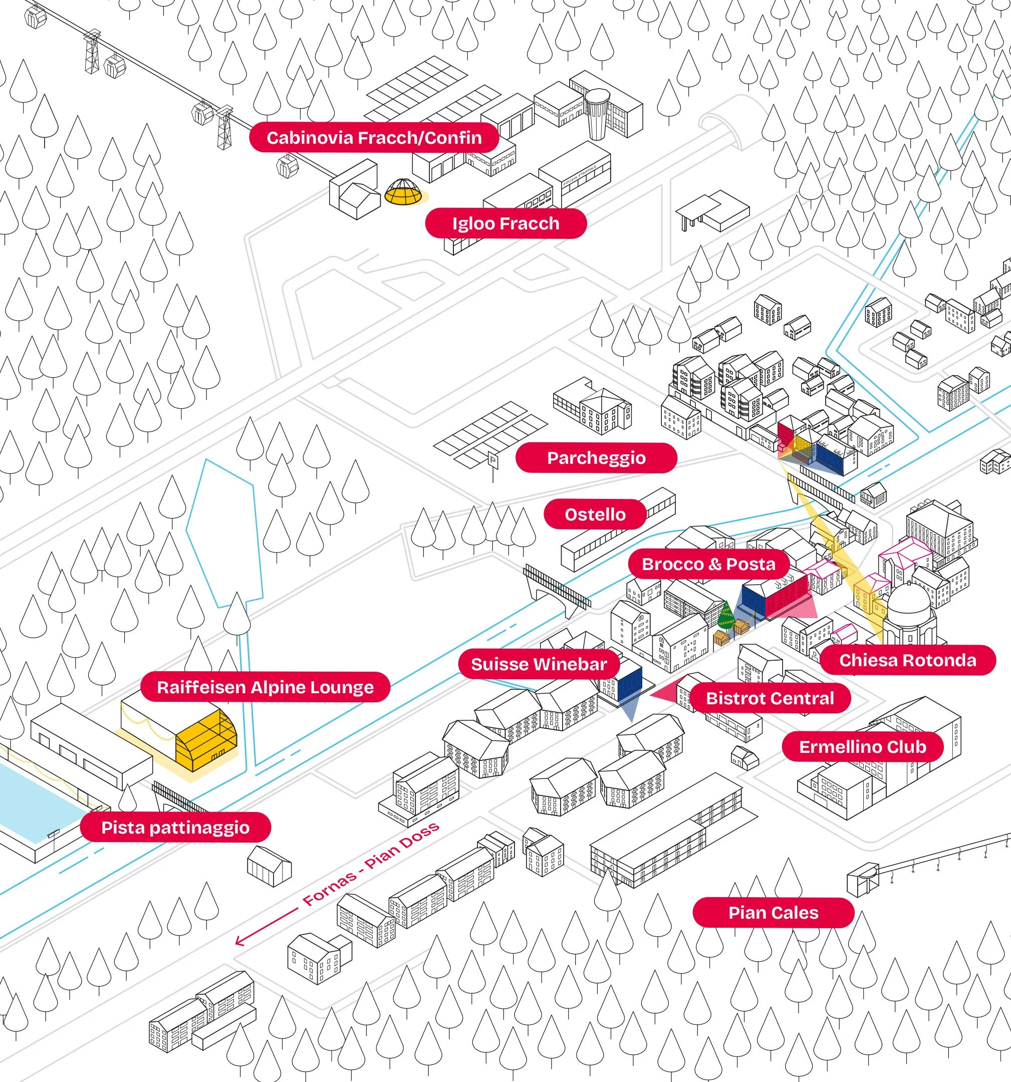 Map of a small town showing various buildings, roads, and facilities labeled in Italian, including a ski slope, pizza place, wine bar, church, club, and a train station surrounded by trees.