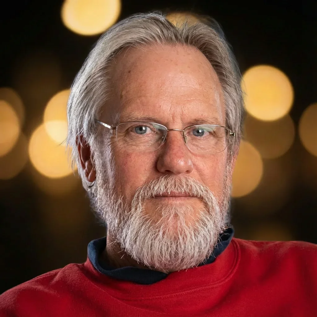 A middle-aged man with light blonde hair and a beard, wearing glasses and a red sweater, sitting indoors near a window with bright sunlight.