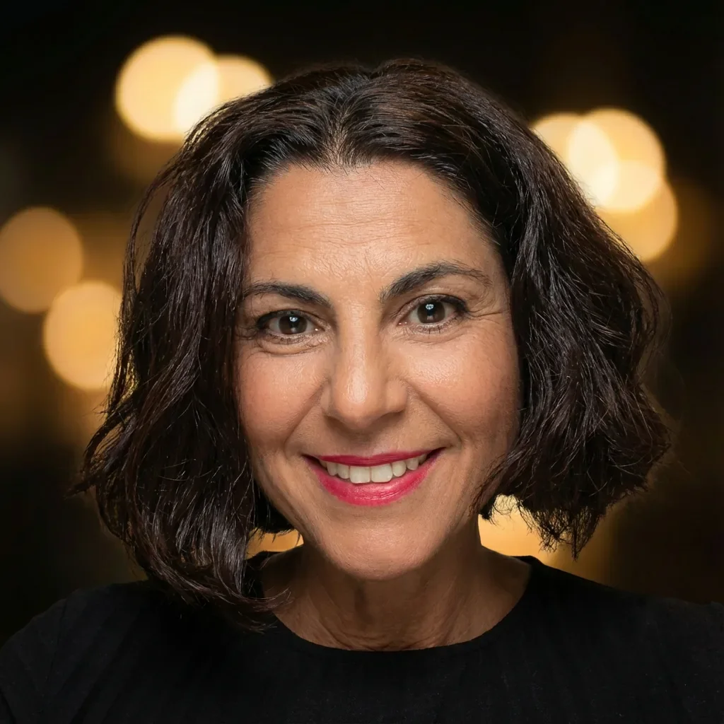 A woman with long dark hair smiling at the camera.