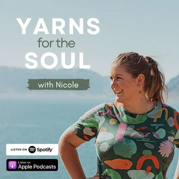 A woman smiling outdoors near a body of water, wearing a colorful abstract patterned shirt, promoting the podcast 'Yarns for the Soul with Nicole' on Spotify and Apple Podcasts.