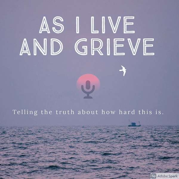 An ocean scene with a boat on the water, a bird flying, and a pink sunset or sunrise. Overlaid text reads, 'As I live and grieve' and 'Telling the truth about how hard this is.'