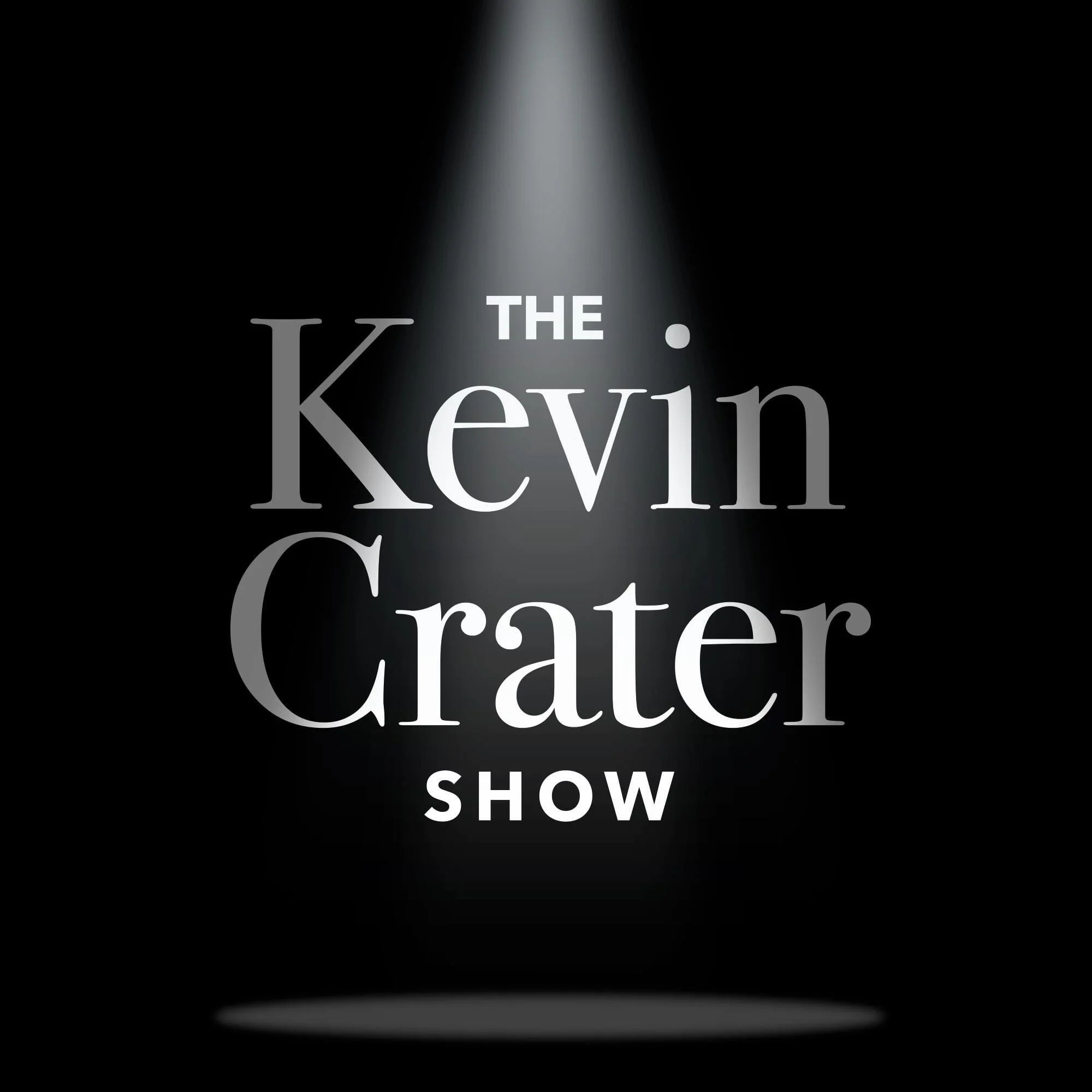 Logo for the Kevin Crater Show with a spotlight effect on dark background, featuring text in different sizes reading 'The Kevin Crater Show'.