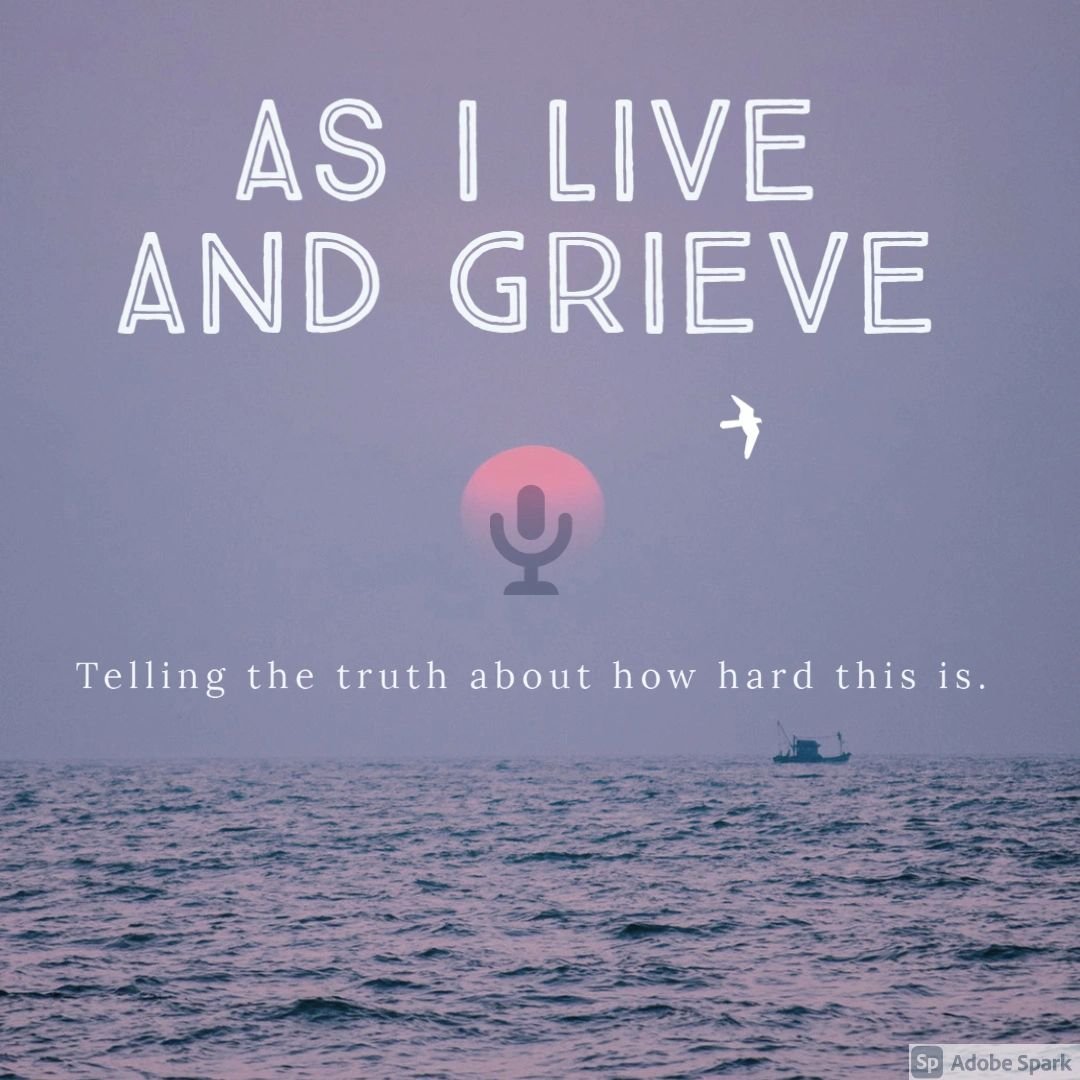 A calm ocean scene with a solitary boat on the water. Overlaid text reads "As I live and grieve," with a microphone icon and a flying bird. Smaller text says "Telling the truth about how hard this is."
