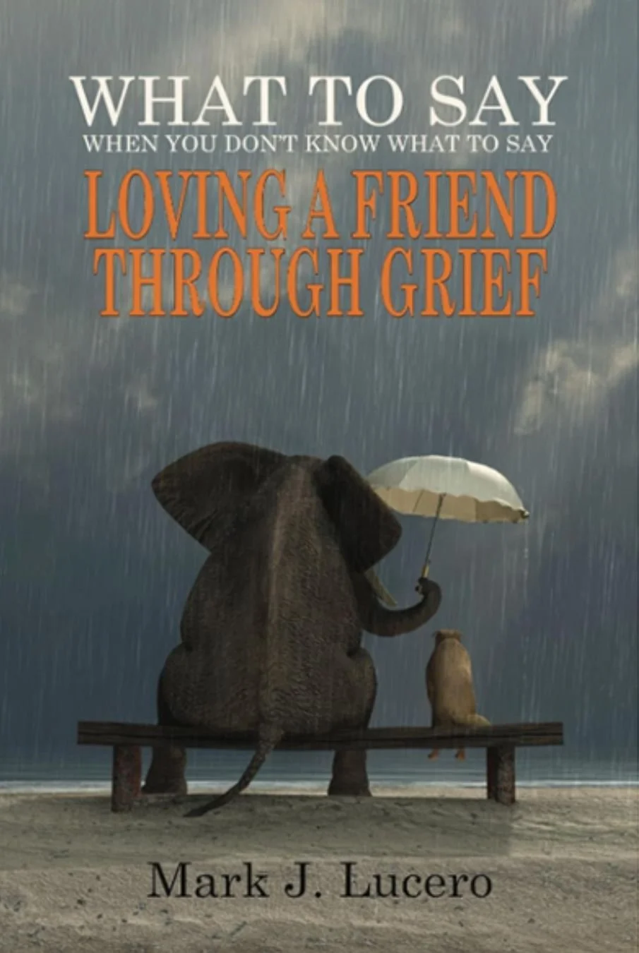 Book cover titled 'What to Say When You Don't Know What to Say: Loving a Friend Through Grief' by Mark J. Lucero. Features an illustration of an elephant sitting on a bench, holding an umbrella, with a small dog sitting next to it, under a rainy sky.