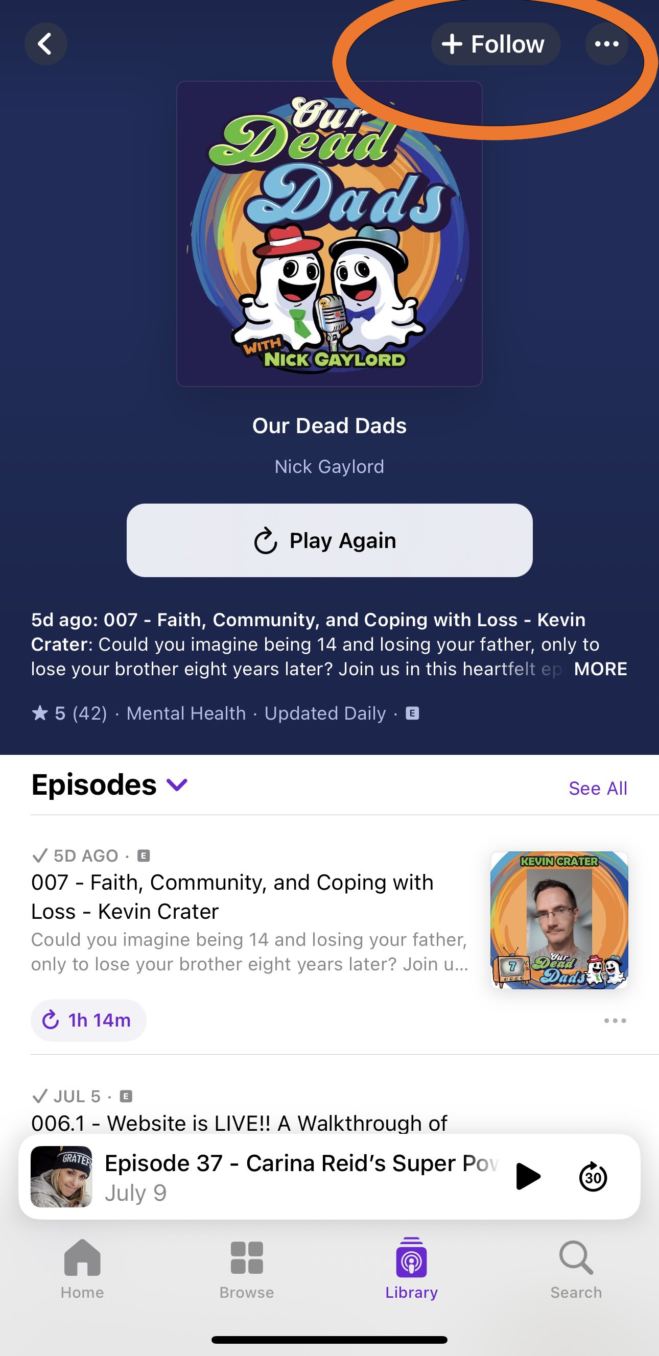 Podcast cover art for 'Our Dead Dads' with cartoon characters of two ghosts wearing hats and ties, and a microphone between them, colorful background, and the title text.